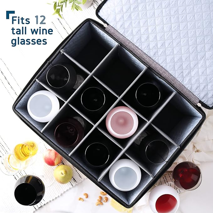 Hearth & Harbor Wine Glass Storage Box with Dividers, Quilted and Stackable Stemware Storage Cases, Service of 12 Glass China Container Hard Shell for Moving and Organization, Grey-NeatNest