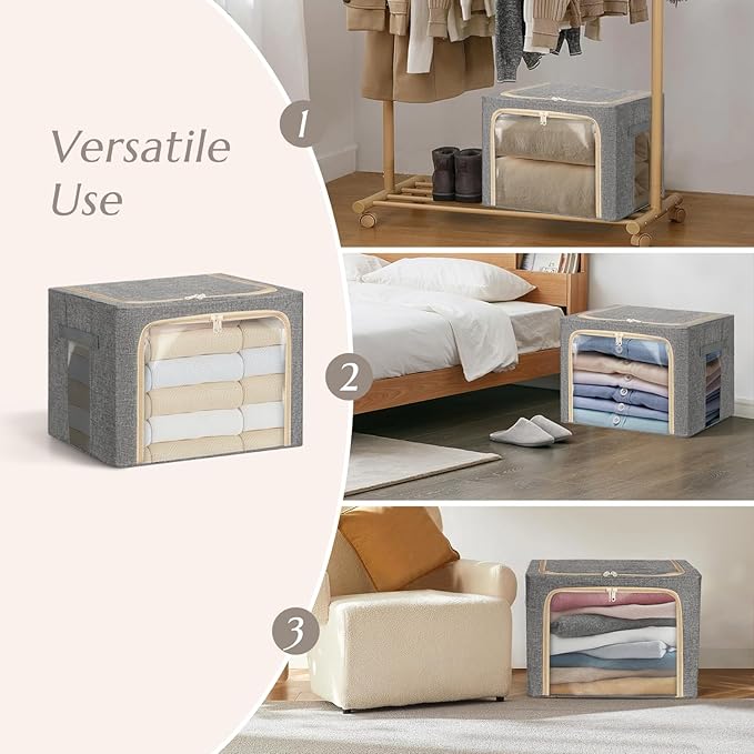 2-Pack Clothes Storage Bags, Foldable Storage Bins with Metal Frame, Clear Window, Reinforced Handles, Durable Non-Woven Fabric for Clothes, Bedding, Blankets, 40L, Gray-NeatNest
