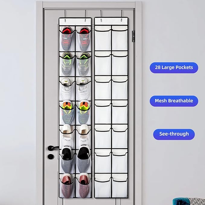KEEPJOY Over the Door Shoe Organizer, Hanging Shoe Organizer with 4 Hooks, Shoe Holder with 14 Mesh Pockets Closet Door Shoe Storage Bag (White-2Pack)-NeatNest