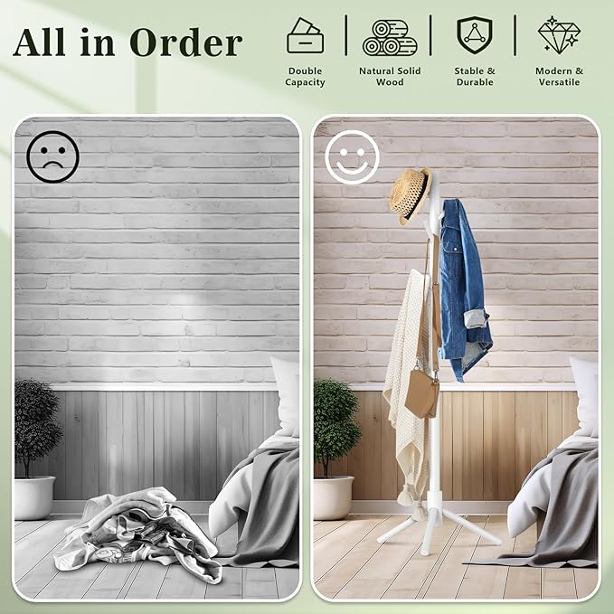 2 Pack Coat Rack, Solid Wood Coat Rack Freestanding with 8 Hooks & 3 Adjustable Heights, Simple Assembly Coat Tree for Hats, Bags, Wooden Coat Hanger Stand for Bedroom, Entryway, Office-NeatNest