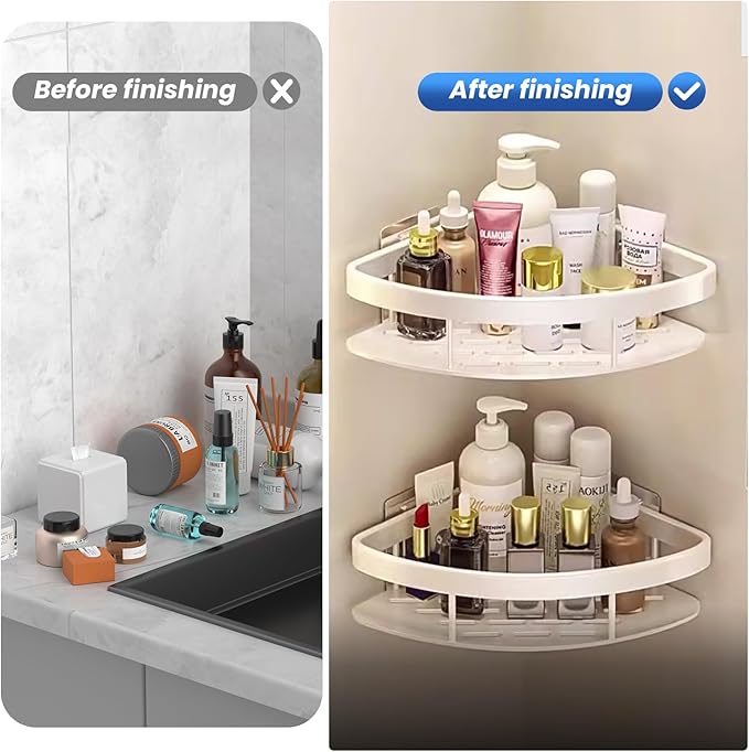 lanlord Wall Mounted Shower Organizer Corner Shower Caddy,2 Tier No Drilling Adhesive Shower Corner Shelf,Bathroom Shower Shelves Corner, with Hooks,Corner Shower Caddy Suction Cup,White （2LWAT