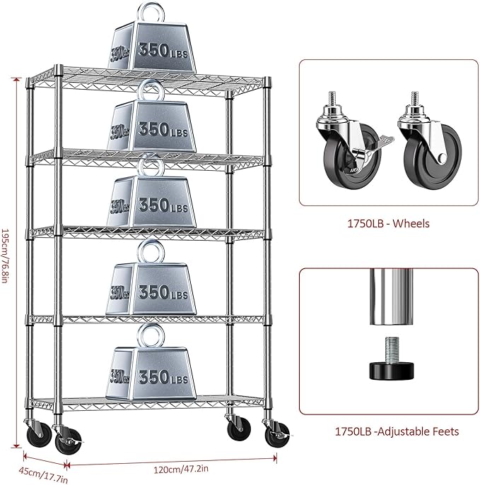 IZEUK 5-Tier Storage Shelving Unit with Wheels, Adjustable Heavy Duty Steel Wire Rack Organizer (Chrome, 17.7" D x 47.2" W x 76.7" H, 1750 lbs Capacity) for Garage, Kitchen, Pantry, Laundry, Basement-NeatNest
