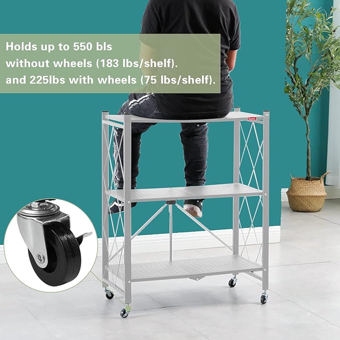 DEANIC 3 Tier Foldable Storage Shelves with Wheels, Kitchen Appliance Stand, Freestanding Metal Wire Shelf Rack, No Assembly Organizer Rolling Cart for Garage, Basement, Pantry(Grey)