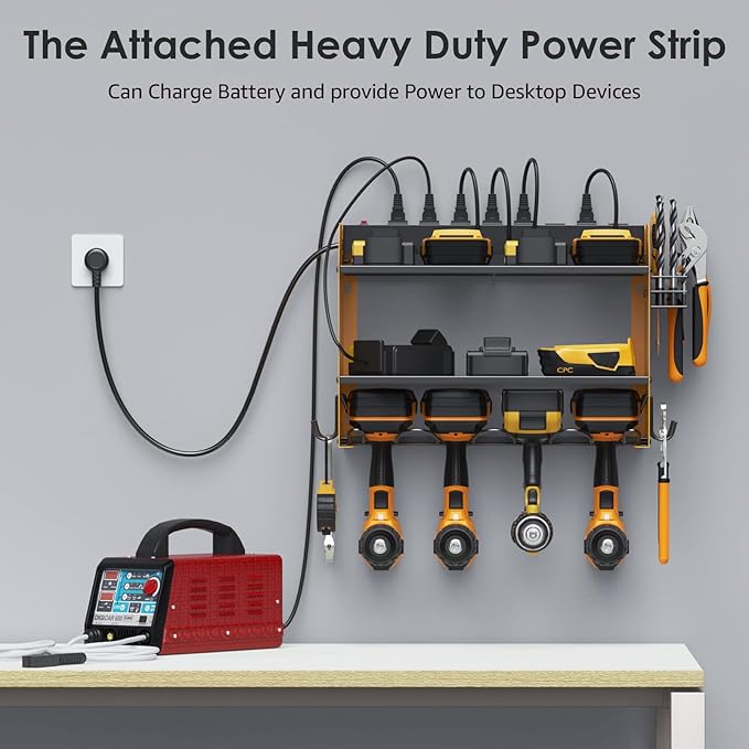 CCCEI Set Power Tool Organizer Wall Mount with Charging Station. Garage 4 Drill Storage Shelf with Hooks, Heavy Duty Metal Tool Battery Charger Organizer. Shop Utility Rack with Power Strip Yellow.-NeatNest