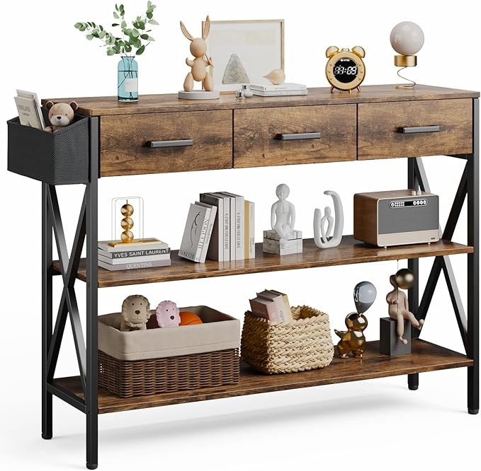 Gizoon 47" Entryway Table with 3 Drawers and 3 Tier Storage Shelves, Industrial Narrow Long Sofa Table, Farmhouse Style Console Table for Living Room, Hallway, Couch, Small Spaces - Rustic Brown-NeatNest