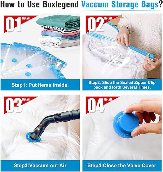 BoxLegend Vacuum Storage Bags with Large Hand Pump 12 Combo (3 Jumbo,3 Large, 3 Medium, 3 Small) Thickened Vacuum Seal Bags for Clothing Coat Bedding Quilt Blanket Pillow Comforters-NeatNest