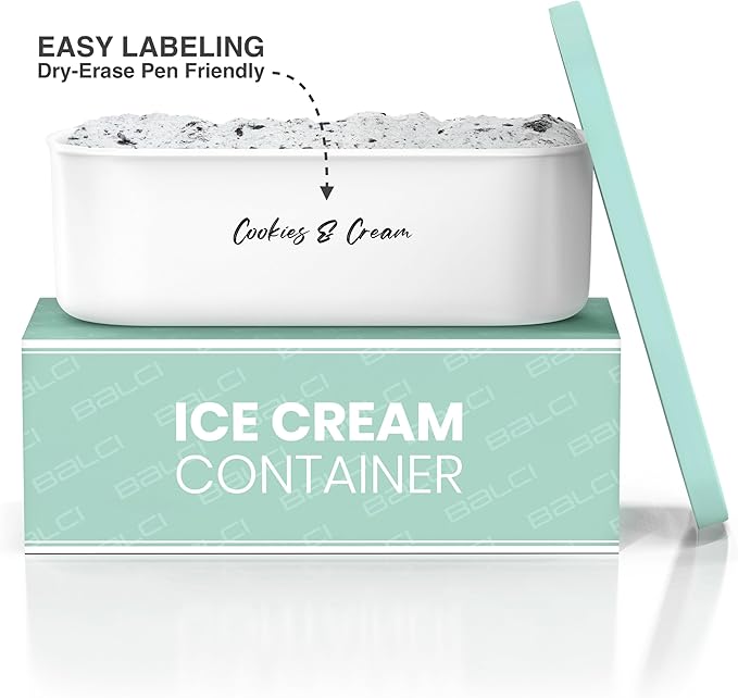 BALCI - Ice Cream Container - 2 Quart - Perfect Reusable Freezer Storage for Homemade Ice Cream Tubs for Sorbet, Frozen Yogurt and Gelato! - Flexible Silicone Lids, Long Scoop, Stackable - Mint