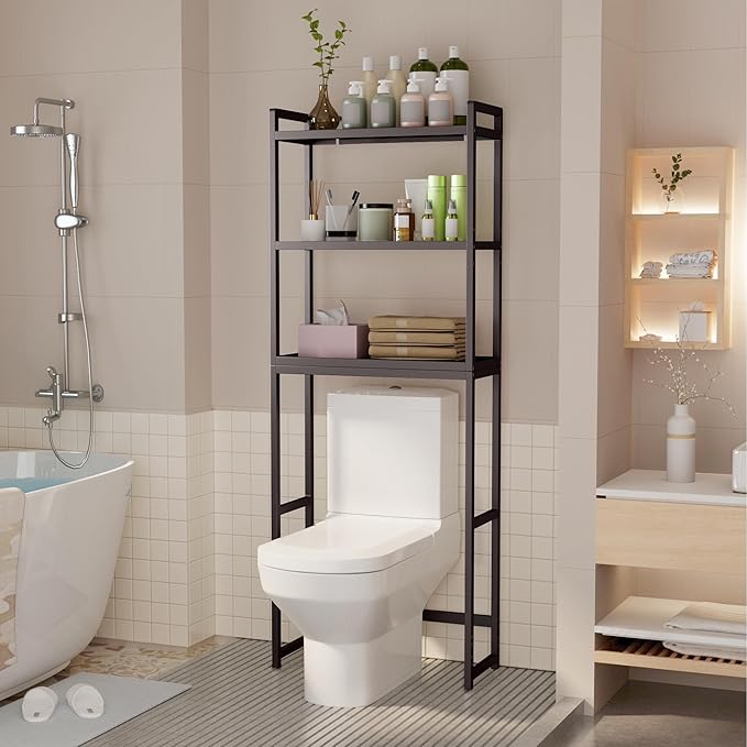 Gizoon Over The Toilet Storage, 3 Tier Bamboo Bathroom Organizer with Adjustable Shelf, Freestanding Above Toilet Stand, Bathroom Storage Shelf Rack