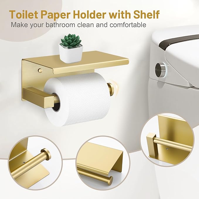 5PCS Brushed Gold Bathroom Hardware Set, SUS304 Stainless Steel Towel Bar Set-23.6 inches Towel Bar, Toilet Paper Holder with Shelf, Towel Ring and Two Towel Hooks, Towel Holder Set Wall-Mounted