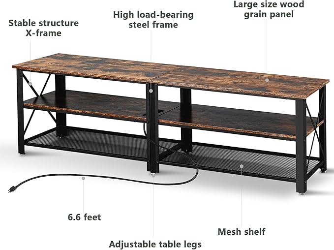 Clikuutory Modern Brown 71 inch Metal TV Stand with LED Lights and Power Outlets for 50 60 65 70 75 80 Inch TVs, 3 Tier Television Stands with Entertainment Center and Storage for Living Room, Bedroom-NeatNest