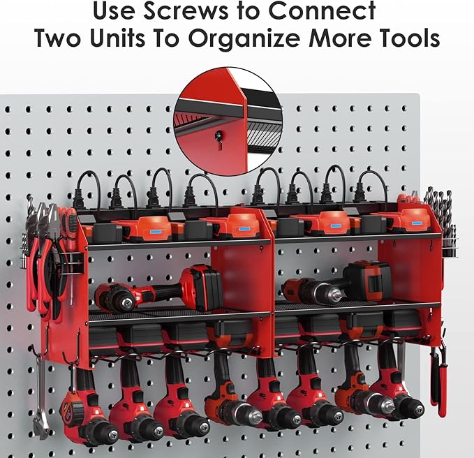 CCCEI Modular Power Tool Organizer Wall Mount with Charging Station. Garage 4 Drill Storage Shelf with Hooks, Screwdriver, Drill Bit Heavy Duty Rack, Tool Battery Holder Built in 8 Outlet Power Strip.-NeatNest