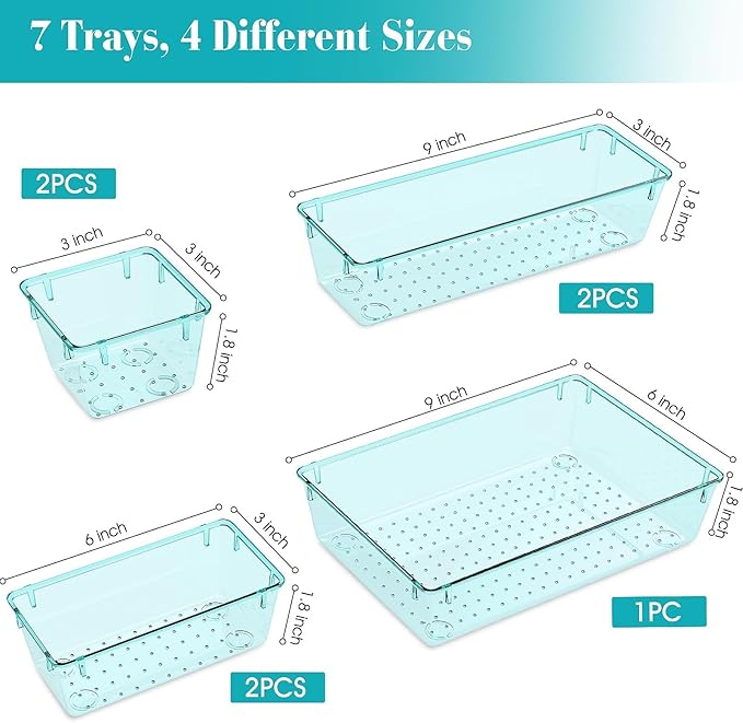 7 PCS Clear Plastic Drawer Organizers Set, 4 Size Desk Drawer Organizer Trays for Makeup, Jewelry, Kitchen Utensils, Gadgets and Office Accessories, Sea Blue-NeatNest