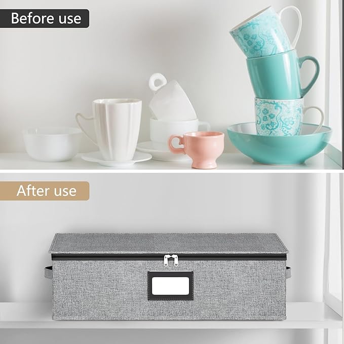 homyfort Coffee Mug Storage Box with Dividers, Durable China Storage Containers for Coffee Mugs, Tea Cups Storage Organizer (Grey) (Mug Storage Box)-NeatNest