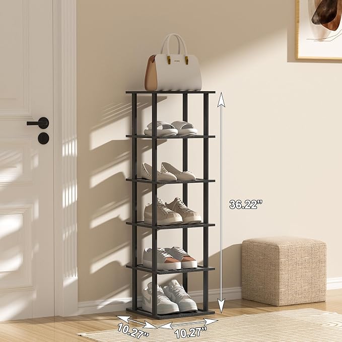 6-Tier Free Standing Shoe Racks, Bamboo Wood Shoe Rack for Entryway & Closet, Beautiful | Natural | Functional | Sturdy Shoe Rack Small Shoe Shelf for Small Spaces and Narrow Spaces Black-NeatNest