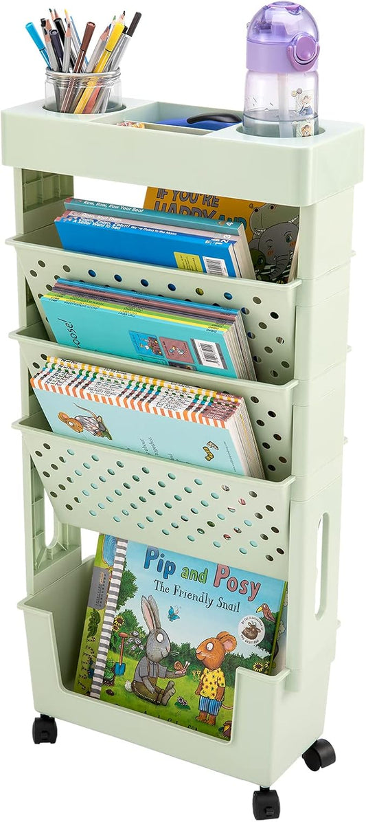 CINPIUK Rolling Office Paper Organizer, Mobile Book Cart Document Folder File Storage with Pen Holder, Slim Rolling Storage Cart Movable Bookshelf for Office, Dorm, Classroom, Nursery, Green-NeatNest