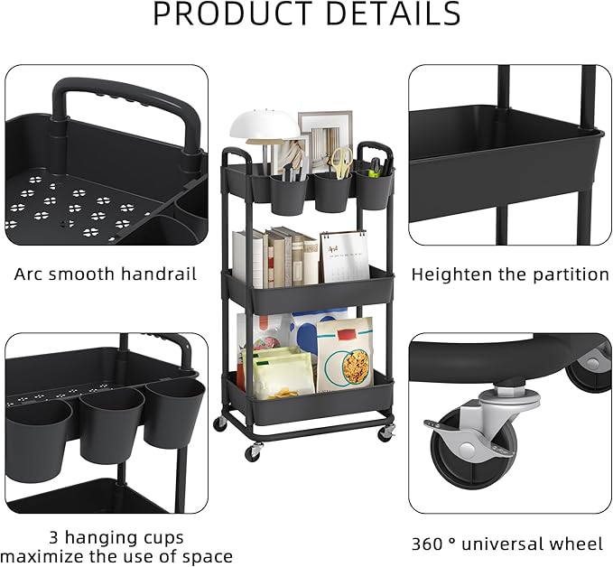 JIUYOTREE 3-Tier Plastic Rolling Storage Cart Utility Cart with Extra Hanging Cups Handles Lockable Wheels for Living Room Bathroom Kitchen Office Black-NeatNest