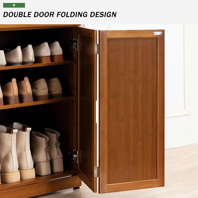 Bamboo Shoe Cabinet, 8-Tier Shoe Storage Cabinet with Doors, Freestanding Bamboo Shoe Rack Organizer with Shelves for Entryway, Hallway, Closet, Living Room (Brown-6)