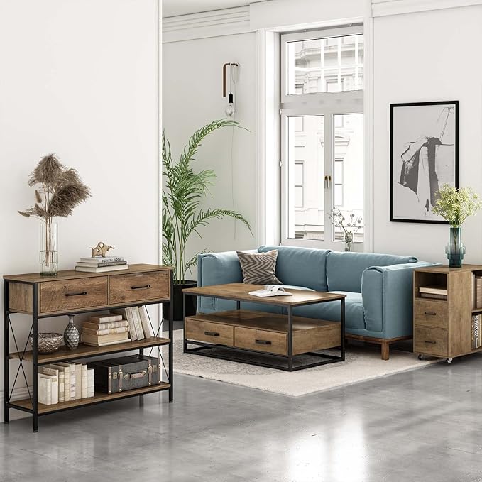 HITHOS Industrial Console Table with Drawers, Vintage Hallway Foyer Table with Storage Shelves, Narrow Long Sofa Entryway Table for Living Room, Rustic Brown-NeatNest