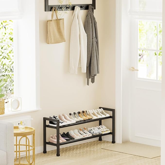 Mavivegue Expandable Shoe Rack, 2-Tier 19"-43.3" Adjustable Shoe Rack for Closet,Hall Entryway,Front Door,Garage, Sturdy Steel Space-Saving Rack, Black-NeatNest