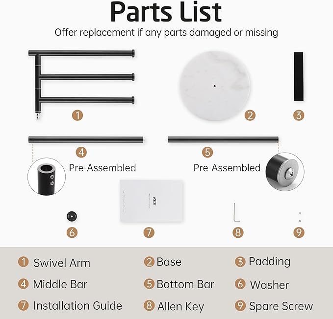 KES Matte Black Towel Racks for Bathroom with Weighted Marble Base, 40 Inch Free Standing Pool Towel Rack Outdoor, 3 Swivel Bars, Premium 18/8 Stainless Steel, BTH219-BK