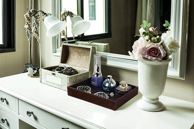 HofferRuffer Decorative Vanity Tray, Desktop Storage Organizer, Catchall Tray, Valet Tray, Nightstand or Dresser Organizer, PU Faux Leather Bathroom Tray, Brown, 10.2 x 8.4 x 1.8 inches-NeatNest