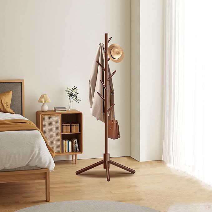 Durable Wooden Coat Rack, Freestanding Coat Rack with Stable Triangular Base, 8 Hooks & 3 Adjustable Heights, Simple Assembly for Bedroom, Hallway, Office(New Brown)-NeatNest