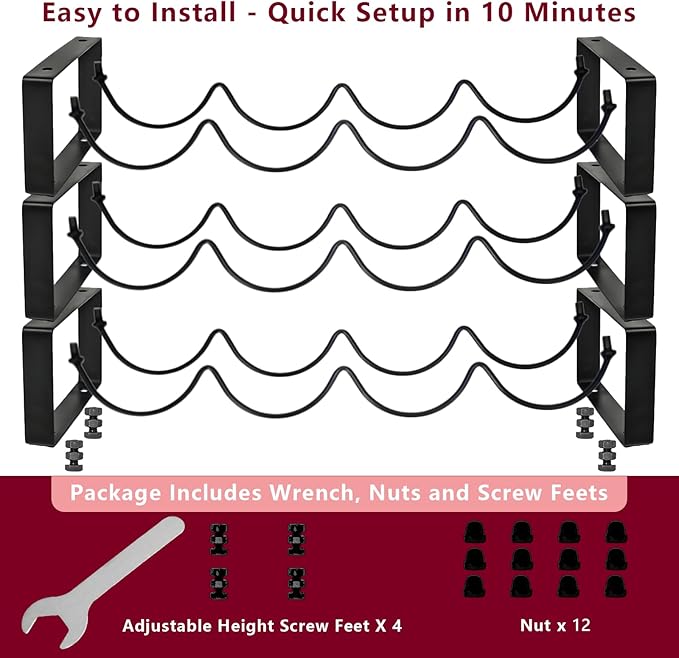 3 Tiered 12-Bottle Metal Wine Rack - Sturdy Wave Design with Reinforced Base | Stackable, Space-Saving Bar, Countertop, or Cabinet Storage (3)