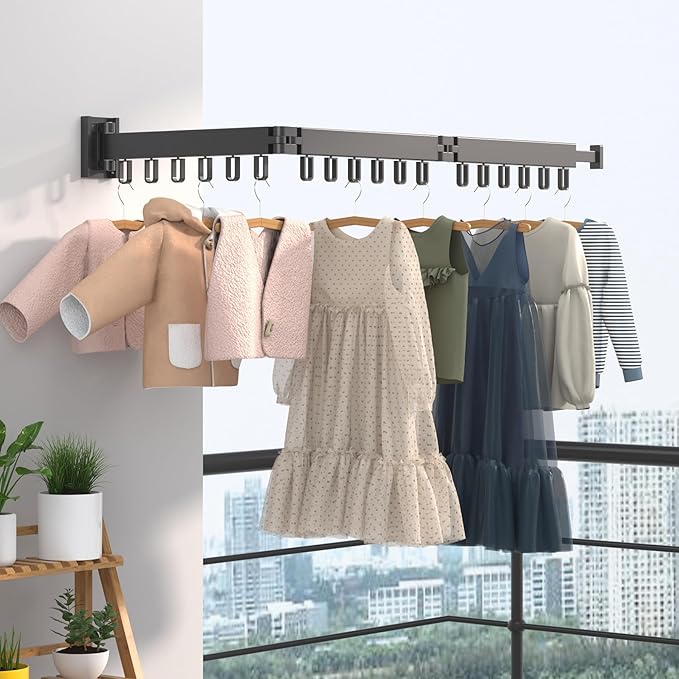 Clothes Drying Rack, Laundry Drying Rack Wall Mount for Bathroom, Retractable and Foldable Clothes Hanging Rack with U-Hooks for Laundry Room, Balcony, Closet, Bedroom(Tri-Fold), Black-NeatNest