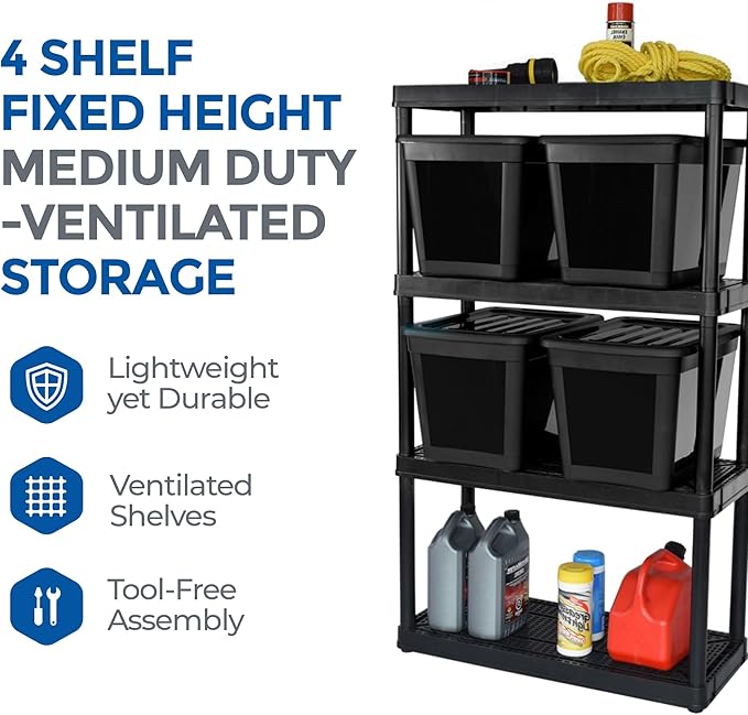 Gracious Living 4 Shelf Fixed Height Ventilated Medium Duty Shelving Unit, Organizer System with 10-Gallon Storage Bins & Lids, Black