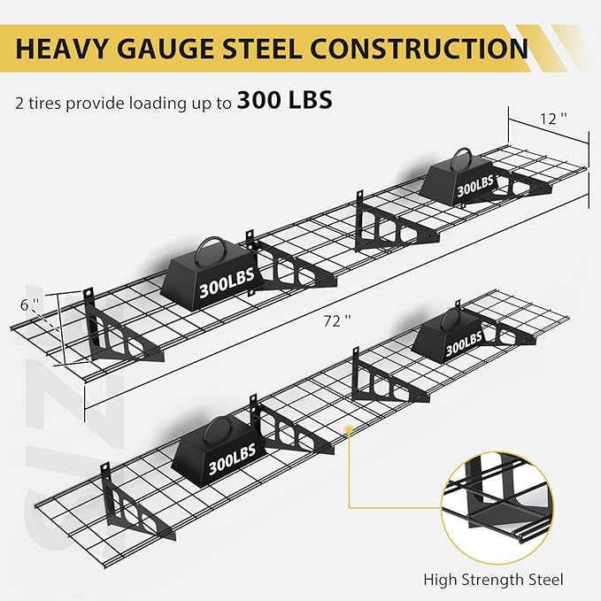 2-Pack Garage Storage Shelves, 12" W x 72" L 300 lbs Capacity Heavy Duty Metal Wire Shelving Unit with 4 Hooks, Black, Adjustable Garage Organization for Tools, Tires, Bike-NeatNest