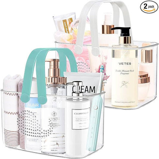 2 Pack Plastic Shower Caddy Basket, Portable Shower Caddy Tote Storage Basket with Handles, Clear Cleaning Supplies Organizer Bin for Bathroom Kitchen College Dorm (White+Cyan)