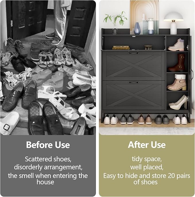 Free Standing Shoe Organizer with 2 Flip Drawers and Side Cabinet, Entryway Narrow Shoe Storage with Door for Hallway and Living Room (Black Plus)-NeatNest