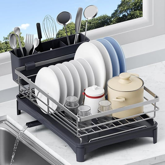 Stainless Steel Kitchen Counter Dish Drying Rack with Drainer and Cutlery Holder, 16.5" D x 11.8" W x 6.29" H