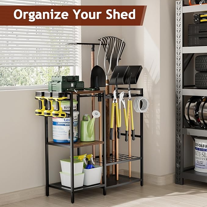 Garden Garage Tool Organizer - with 3-tier Shelves, Yard Tool Organizer for Garage with 4 Hooks, Heavy duty Steel Garden Tool Rack Holds up to 48 Long Handled Yard tools for Storage