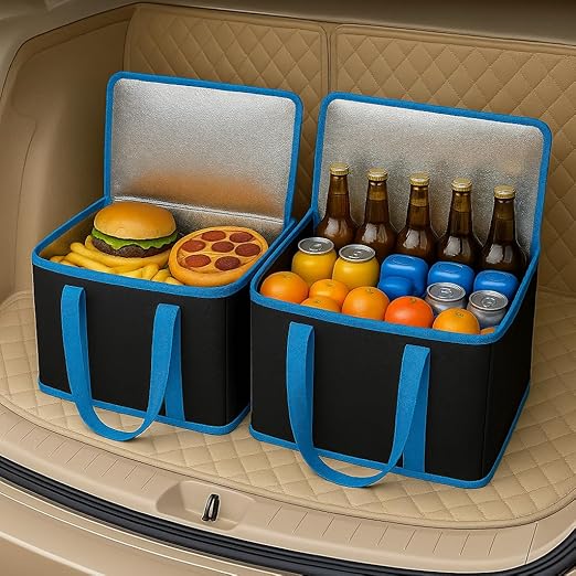 2-Pack Trunk Organizer for Car - Car Organizer, Foldable Trunk organizer for SUVs & Sedans, Sturdy Car Organization for Car Accessories, Tools, Sundries, Black, 2 Compartments insulated picnic basket-NeatNest