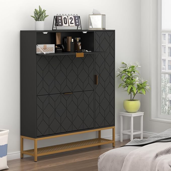 Loomie Shoe Cabinet,Freestanding Tipping Bucket Shoe Rack Organizer with 2 Flip Drawers,Entryway Narrow Shoe Storage with Adjustable Storage Shelf &Top Cubby,Modern Slim Hidden Shoe Cabinet, Black-NeatNest