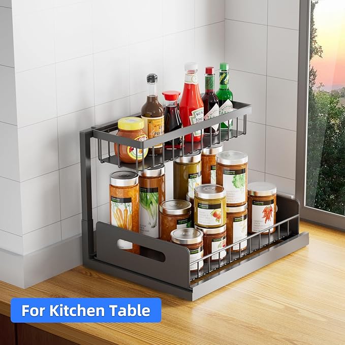 2-Tier Under Sink Slide Out Organizer, Pull Out Cabinet Storage Shelf with Sliding Wire Basket Drawer for Bathroom Kitchen, Countertop or Pantry Shelf, Black-NeatNest