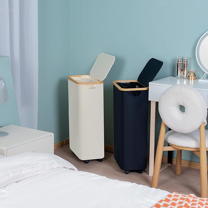 efluky Slim Laundry Basket with Wheels, Narrow Rolling Laundry Hamper with Lid and Removable Bag, Aesthetic Dirty Clothes Hamper on Wheels for Laundry Room, Bedroom, Dorm and Bathroom, 75L Beige-NeatNest