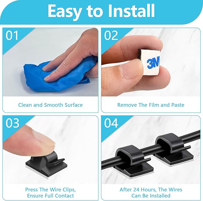 100PCS Adhesive Cable Clips, Wire Holder Organizer Cord Management, Cable Staples Outdoor Strong Cord Clips for Wall, Desk, Christmas Lights, String Lights, TV PC Ethernet Cable, Black Small-NeatNest