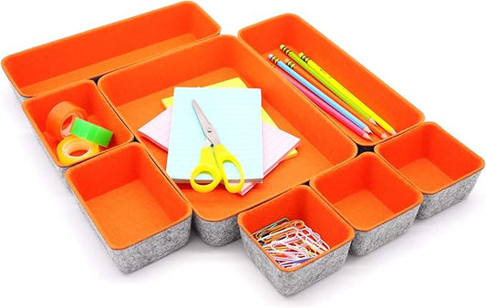 Welaxy desk drawer organizers bin trays dividers small shallow felt storage box soft sturdy office suppliers closet cabinet makeup crafts pens 8-piece back to school (Orange)-NeatNest