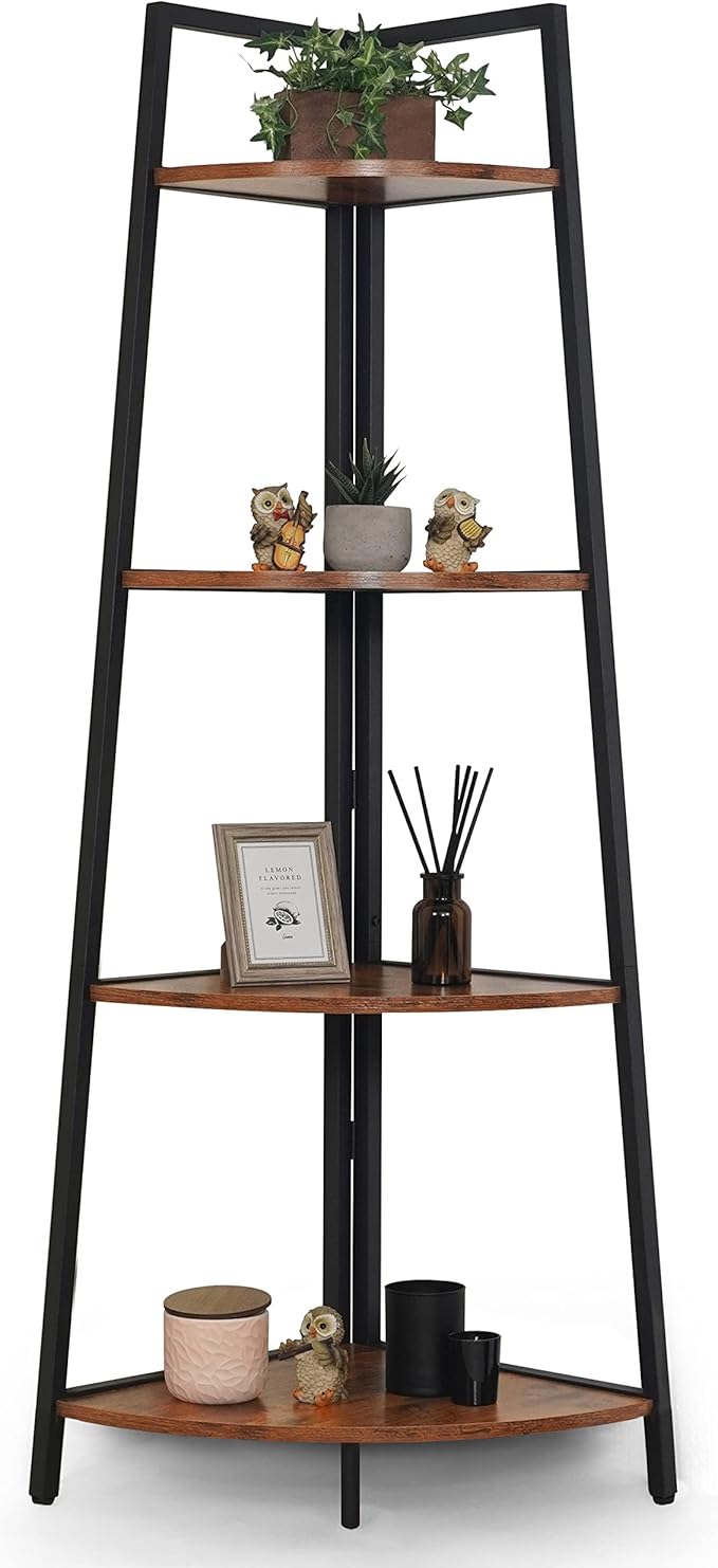 CAPHAUS Tall Corner Shelf Stand, 4-Tier Display Shelves, Ladder Corner Wood Storage Plant Bookshelf with Metal Frame, Versatile Shelving Unit Bookcase for Home Office Space, Rustic Oak-NeatNest