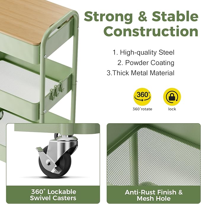 3 Tier Rolling Cart with Table top, Metal Rolling Utility Cart, Sturdy Storage Organizer Cart with Locking Wheels & Hooks for Office, Classroom, Kitchen and Bathroom-NeatNest