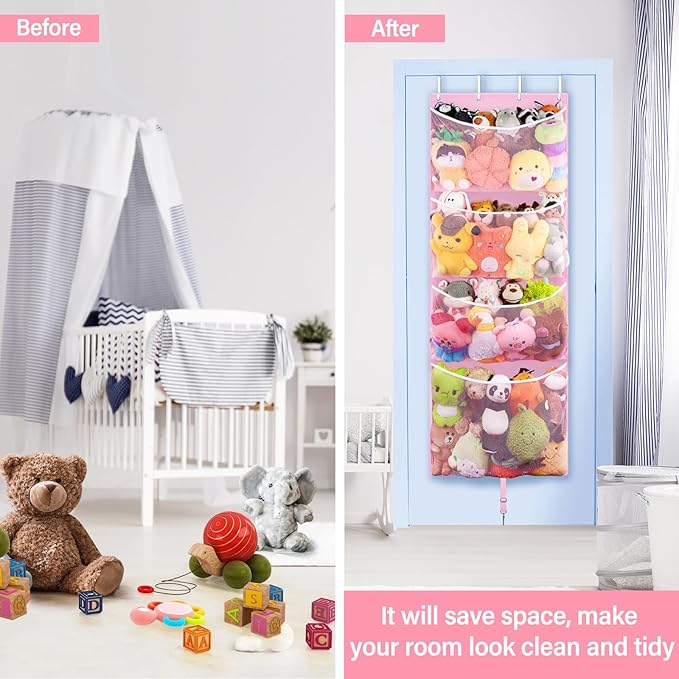 Hanging Stuffed Animal Storage, Over Door Large Plush Toy Organizer with Metal Hook, Baby Accessory Holder Idea for Nursery, Doll & Bear Mesh Hammock Bag for Girl Boy Kid Room-NeatNest
