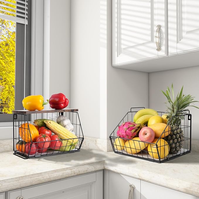 2 Tier Stackable Wall Mounted Hanging Basket, Fruit Basket for Kitchen Counter, Storage Bin with Wood Lid, Onion Storage, Fruit and Vegetable Storage, Countertop Organizer