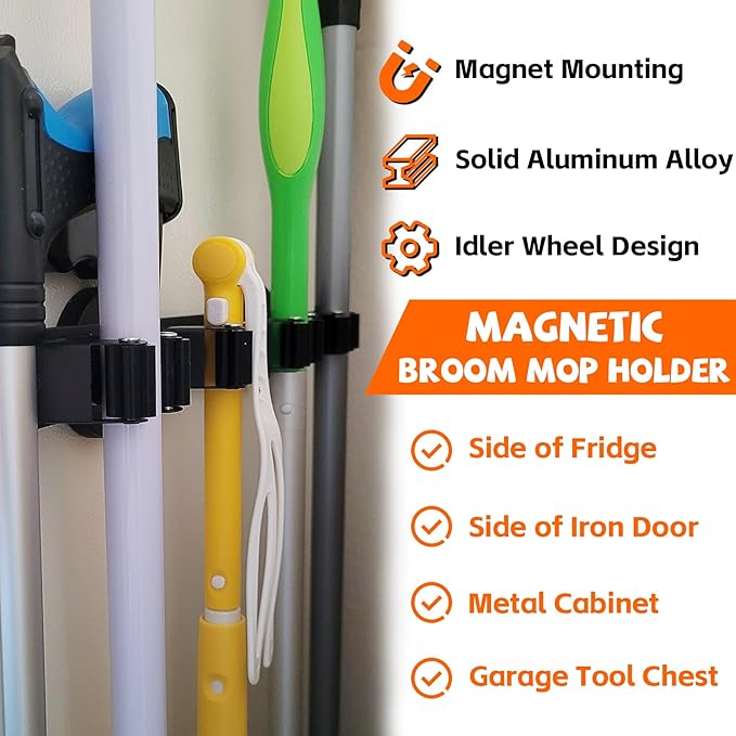 Magnetic Broom Holder Rack,Strong Magnetic Mount Mop Holder 4 Racks for Cleaning Tools,Non-slip Magnetic Tool Holder Broom Hooks for Apartment RV Camper Garage Kitchen-NeatNest