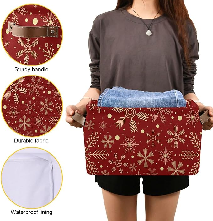 Bolaz Christmas Snowflakes on Dark Red Storage Basket,Large Storage Bin Fabric Collapsible Organizer Bag with Handles 15x11x9.5 inch-NeatNest