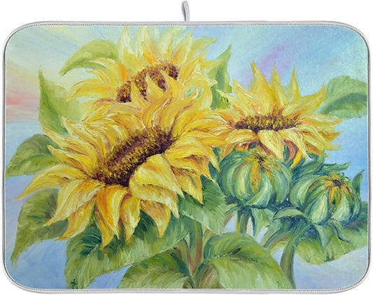 Absorbent Dish Drying Mat for Kitchen Counter - Oil Painting Sunflower Microfiber Drying Pad, Reversible Drainer Mats for Countertop, Small 16" x 18"