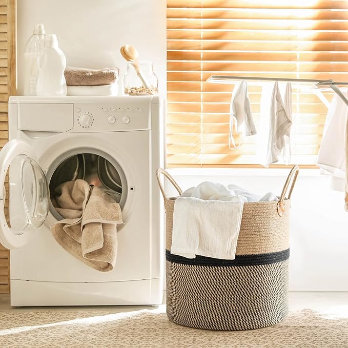 CHICVITA Extra Large Jute Woven Storage Basket with Handles – Laundry Basket Toy Towels Blanket Basket Home Decor Gift, 16" x 16", Black-NeatNest