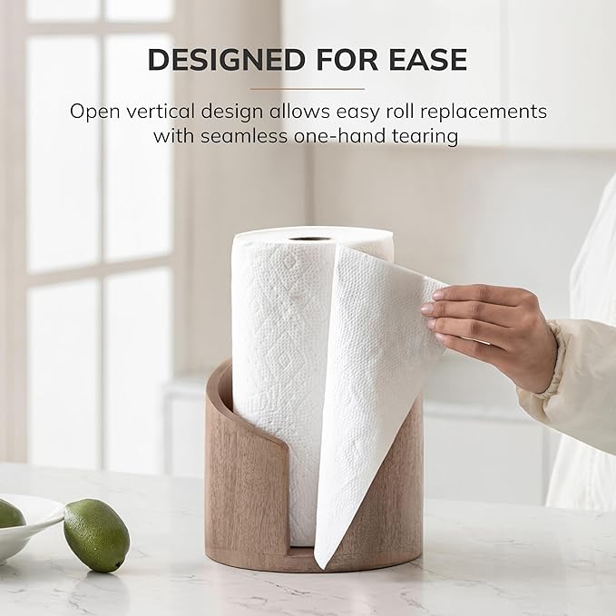 Anji Mountain Paper Towel Holder Countertop with Mango Wood Round Base and Iron Holder,Holder Stand for Kitchen Roll Organize,Wooden Paper Towel Holder for Kitchen Dining Table Home Decor