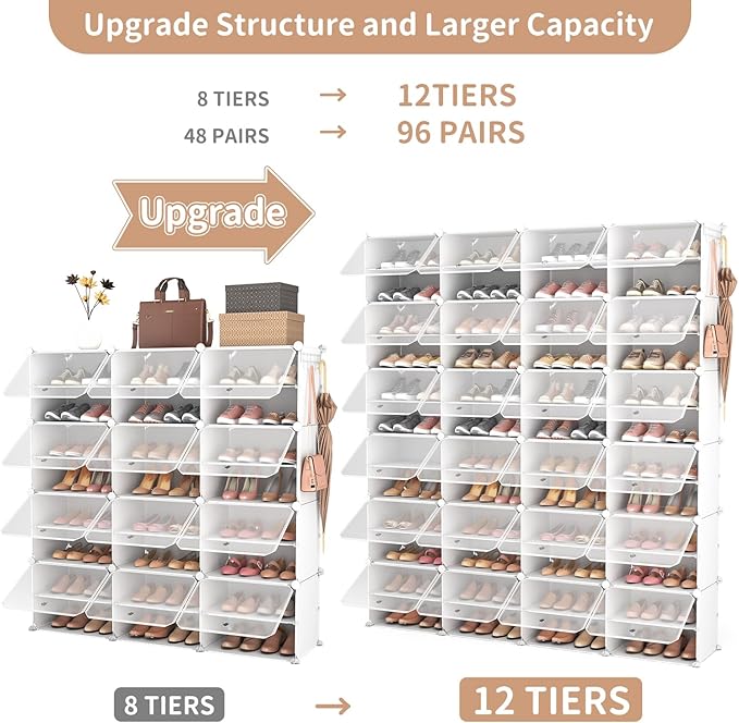 ROJASOP Shoe Storage Cabinet, 12-Tier Shoe Organizer 96 Pairs Extra Large Plastic Shoe Rack with Covers Portable Shoe Rack Organizer with Doors Big Shoe Rack for Closet Entryway Bedroom-NeatNest